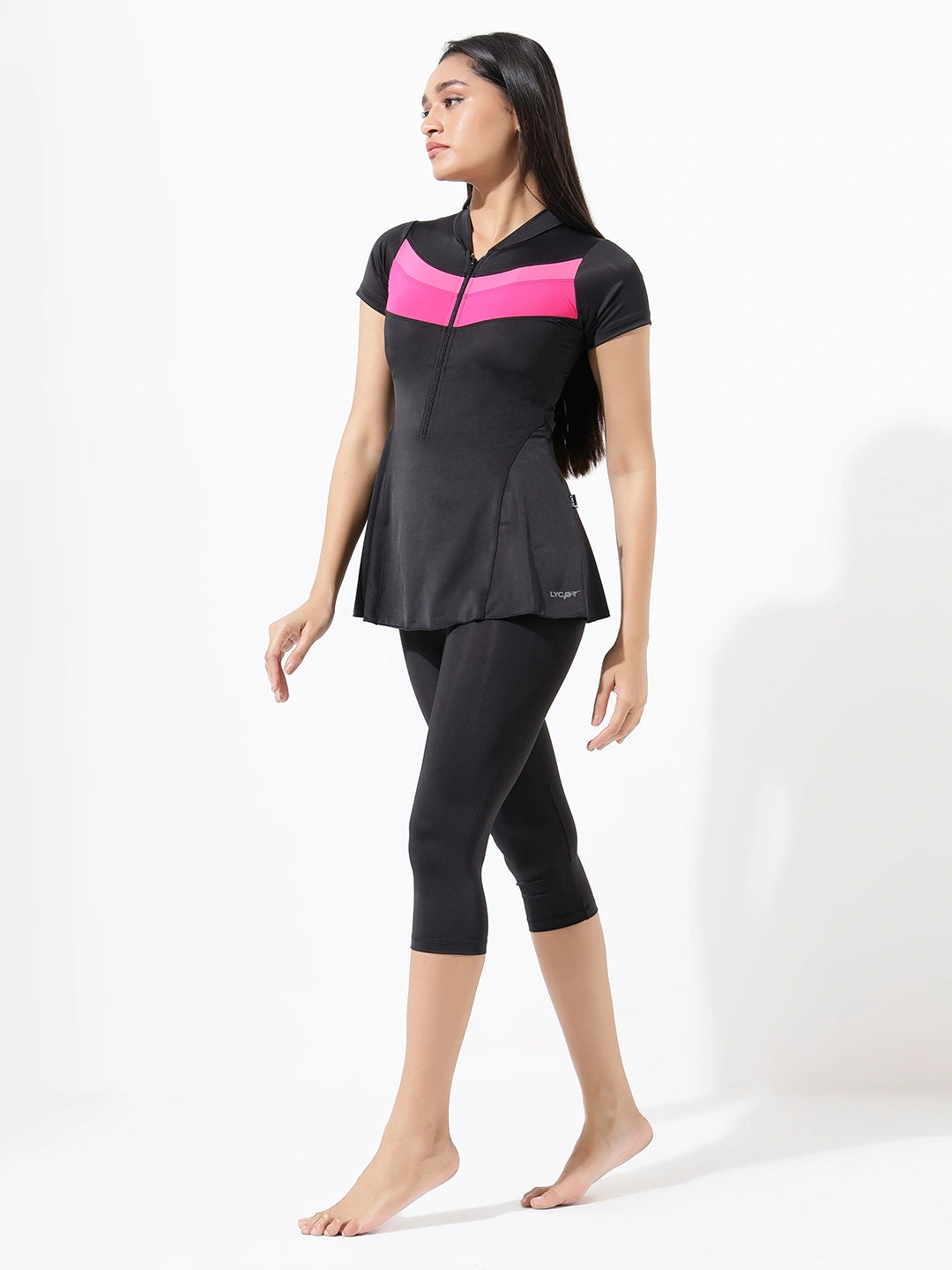 Women's Monochrome Wave Panel Swimdress with Front Zip