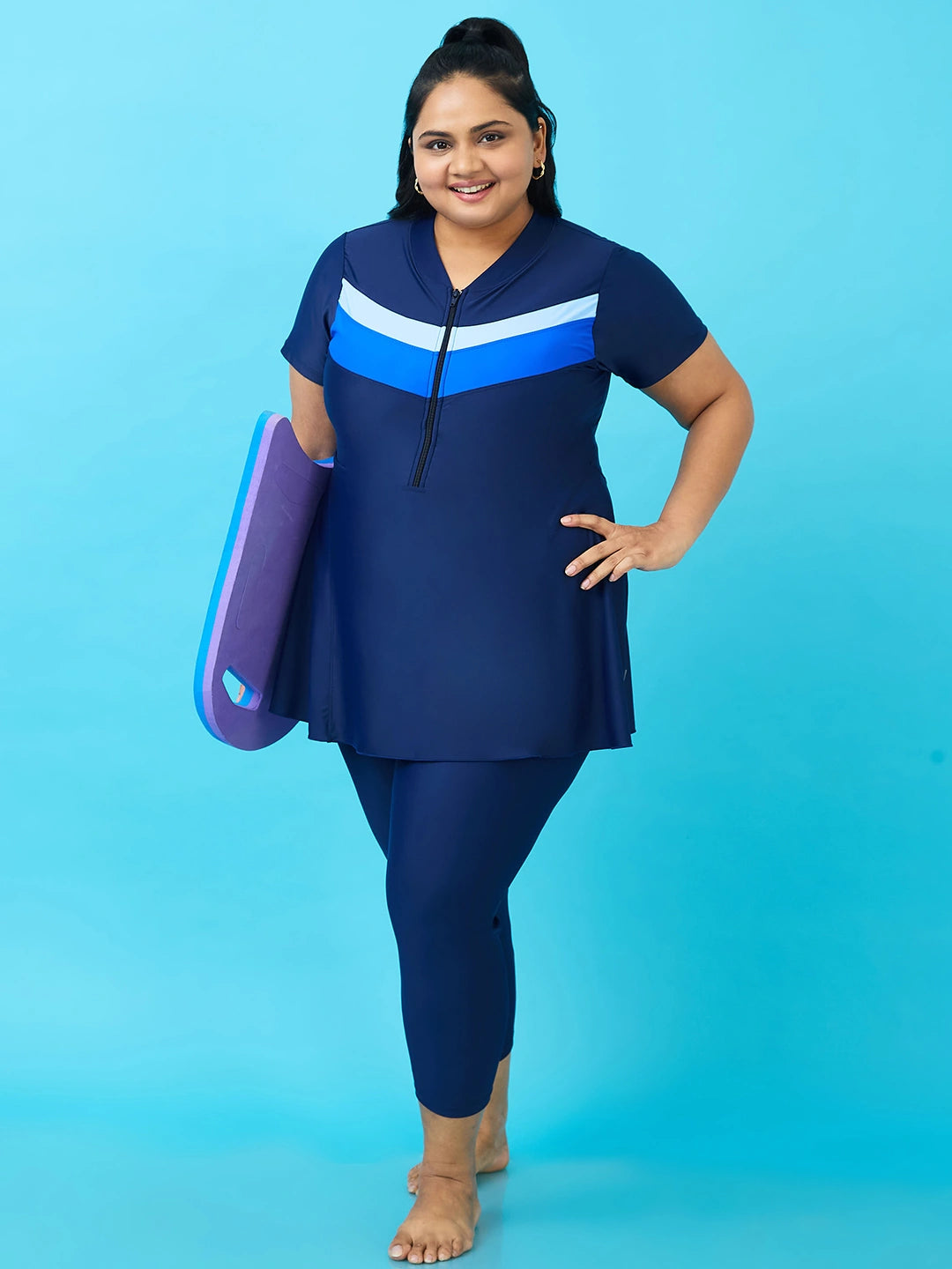 Women's Monochrome Wave Panel Swimdress with Front Zip
