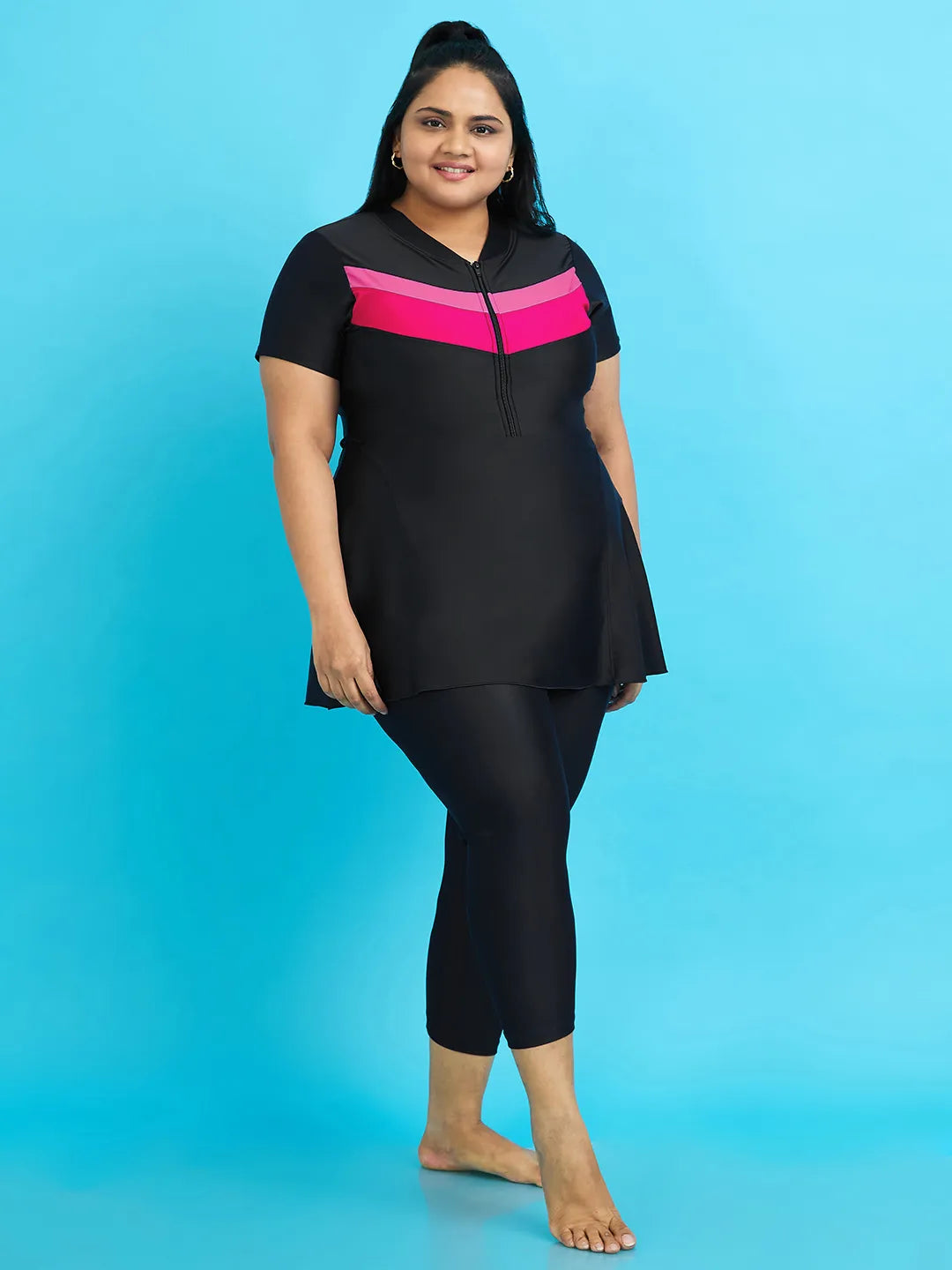 Women's Monochrome Wave Panel Swimdress with Front Zip