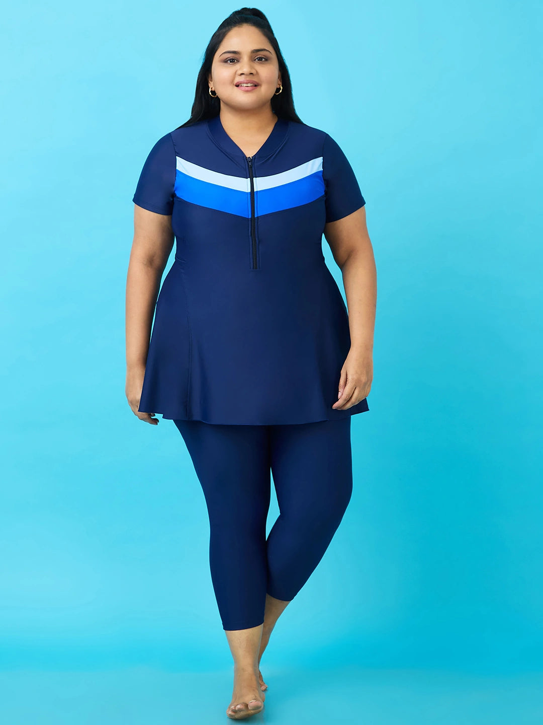 Women's Monochrome Wave Panel Swimdress with Front Zip