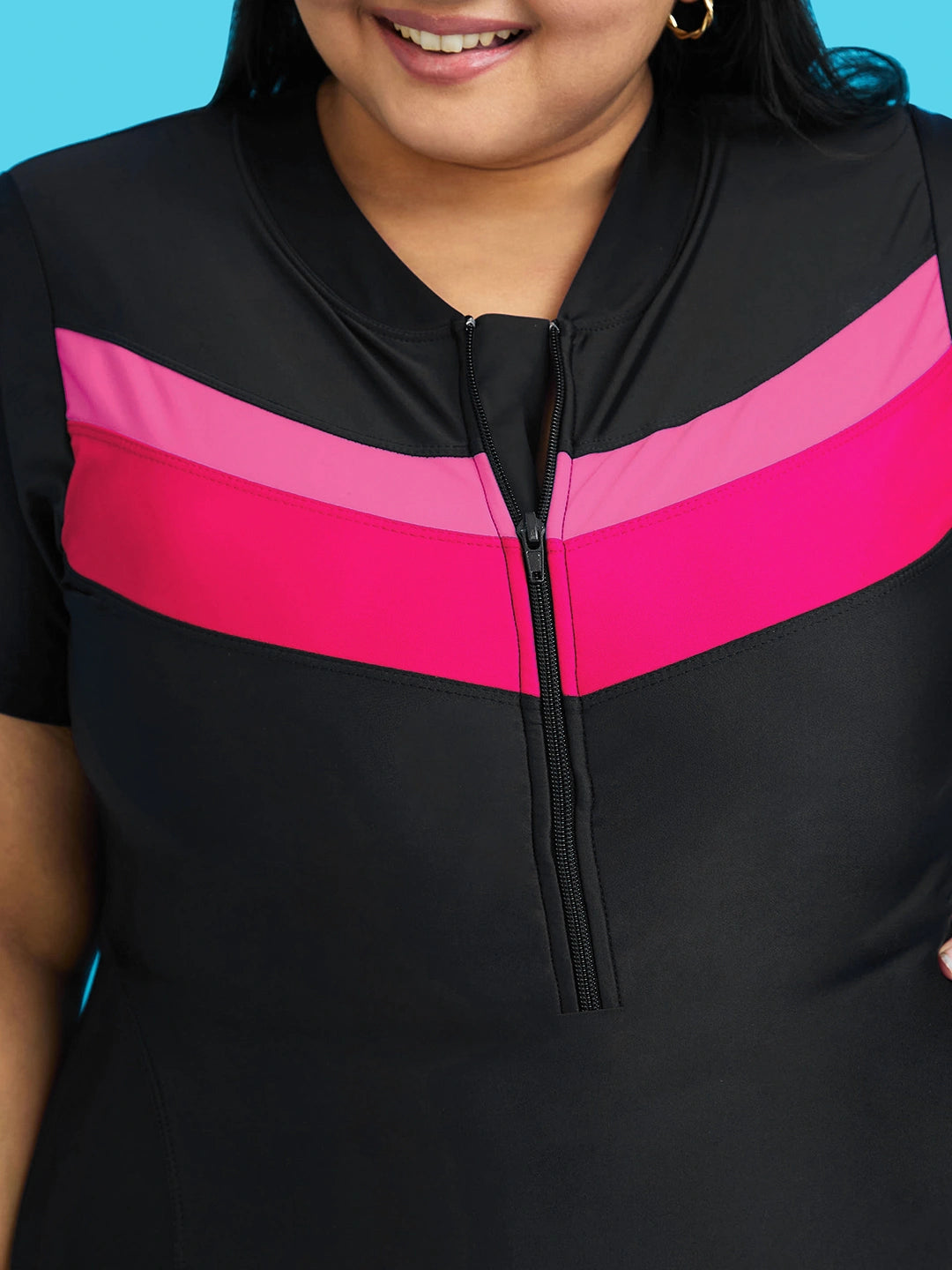 Women's Monochrome Wave Panel Swimdress with Front Zip
