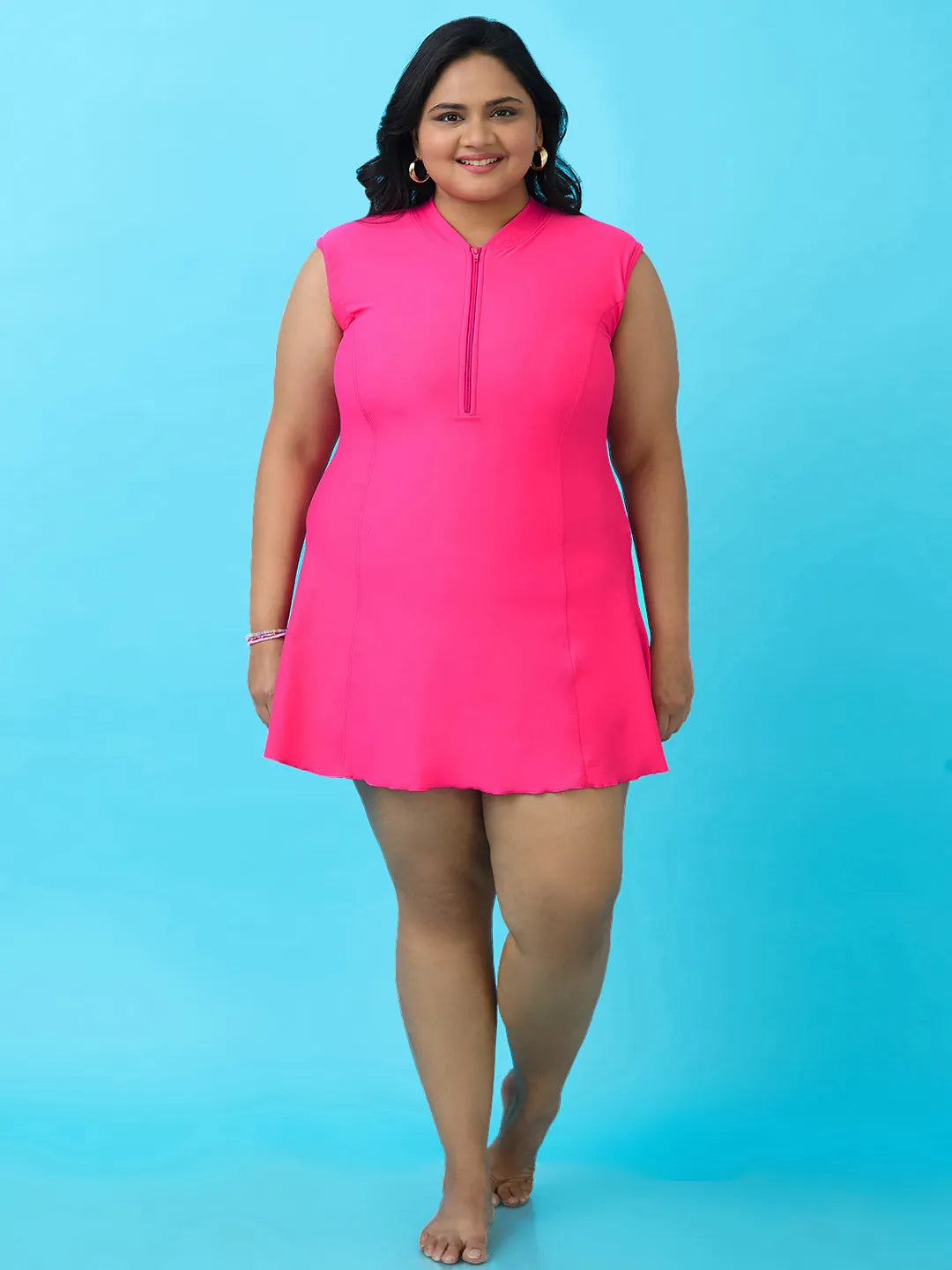 Women's Solid Water Sport Swimdress with Front Zip