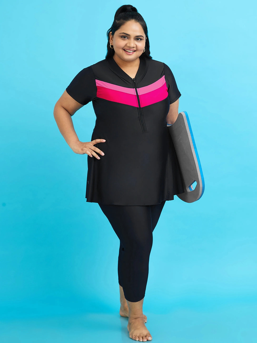 Women's Monochrome Wave Panel Swimdress with Front Zip