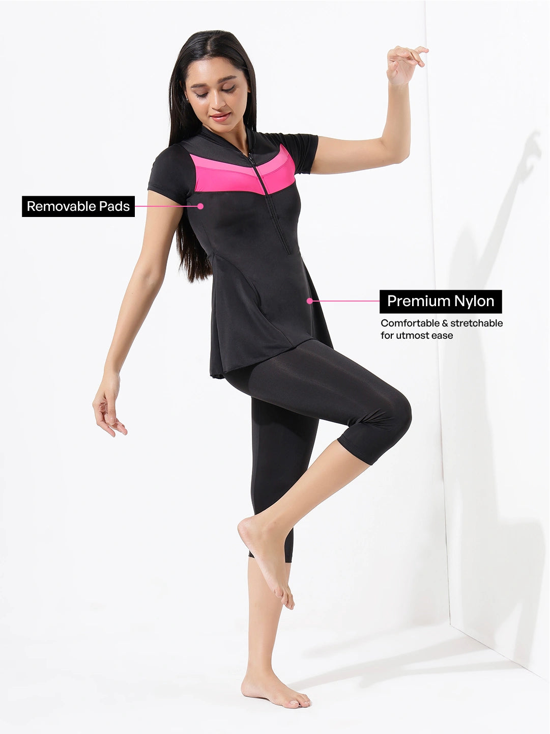 Women's Monochrome Wave Panel Swimdress with Front Zip