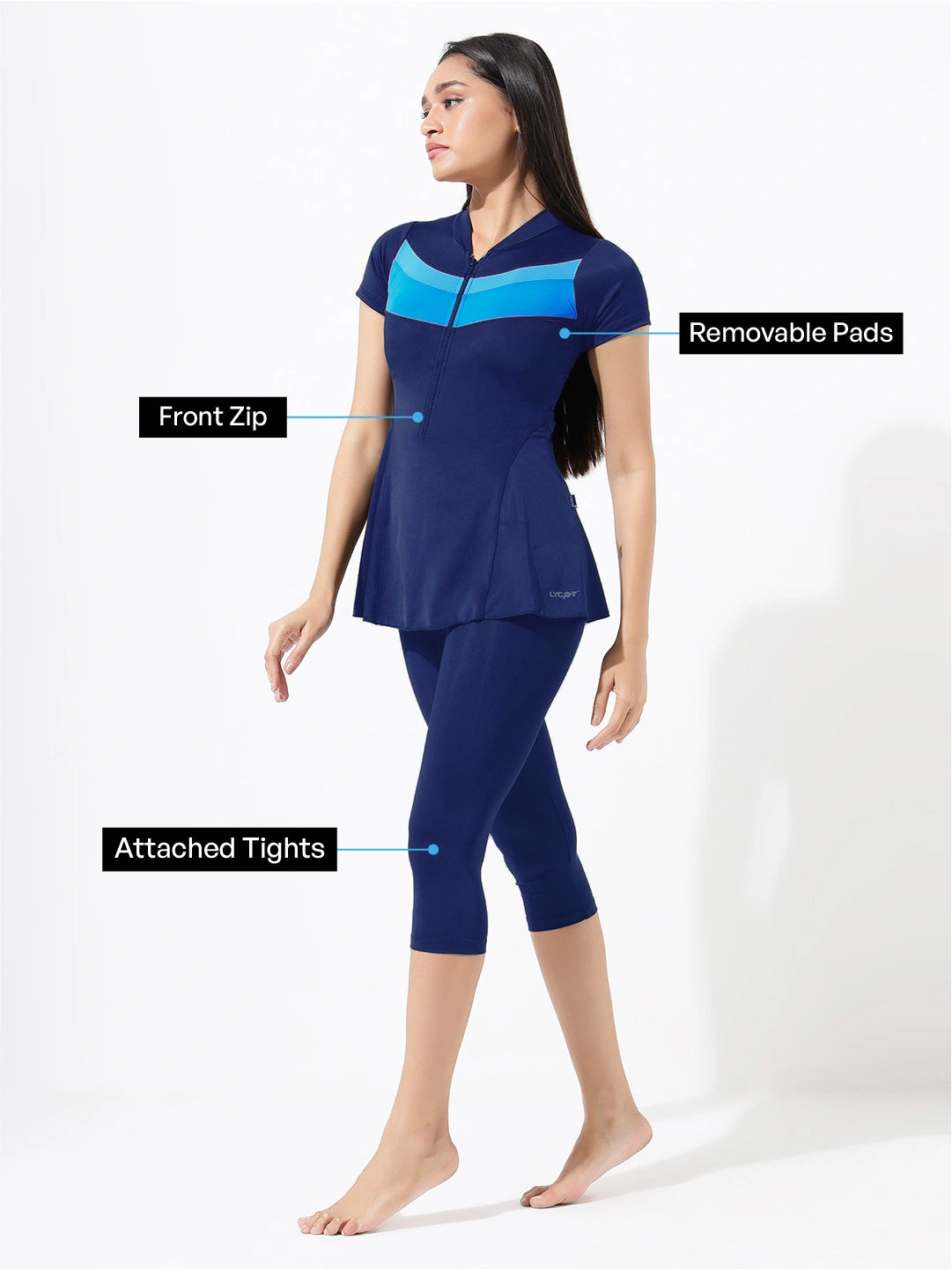 Women's Monochrome Wave Panel Swimdress with Front Zip