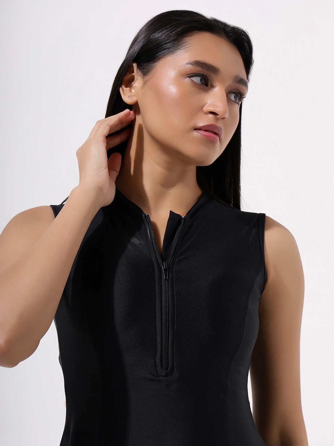 Women's Solid Water Sport Swimdress with Front Zip