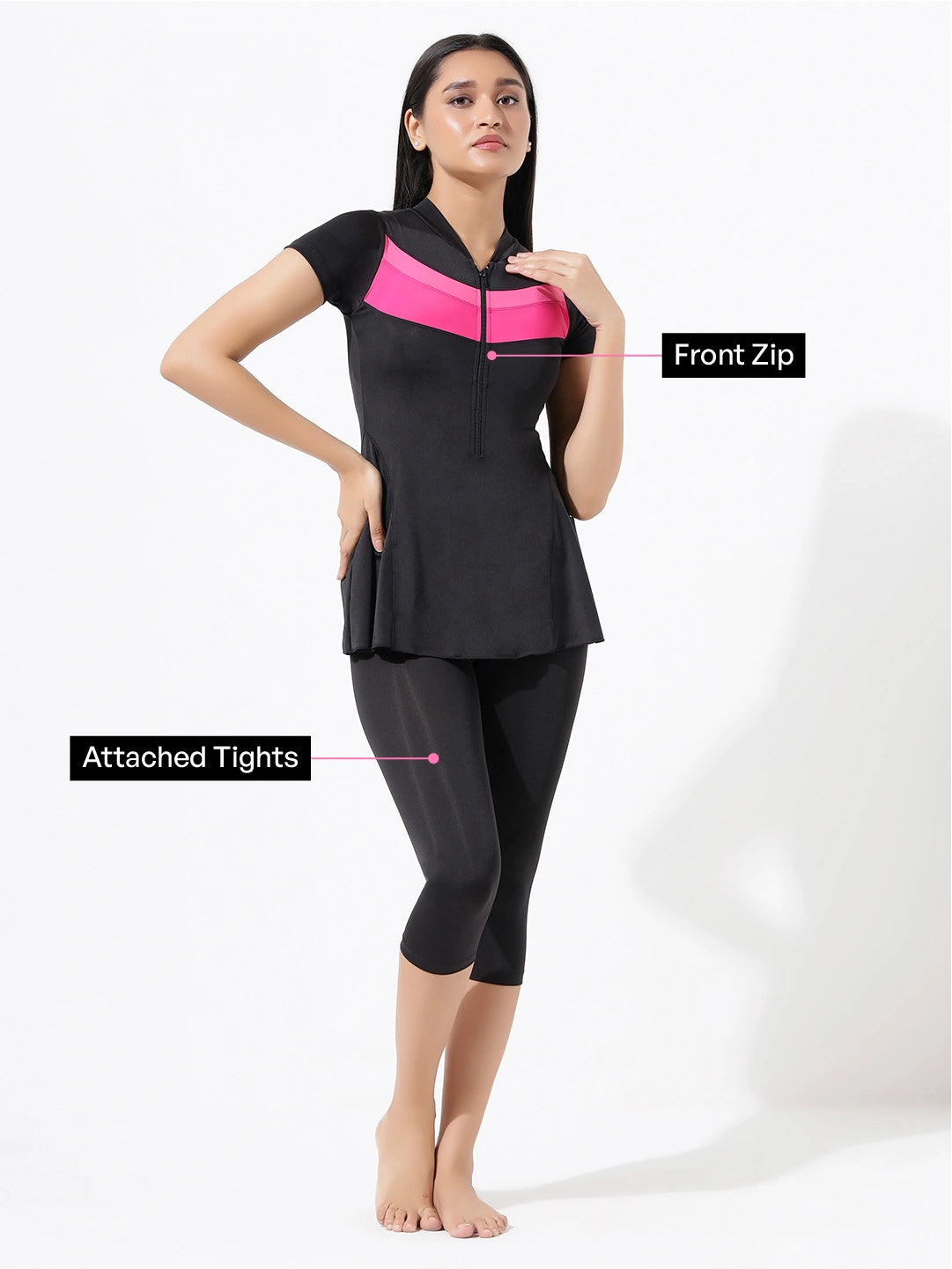 Women's Monochrome Wave Panel Swimdress with Front Zip