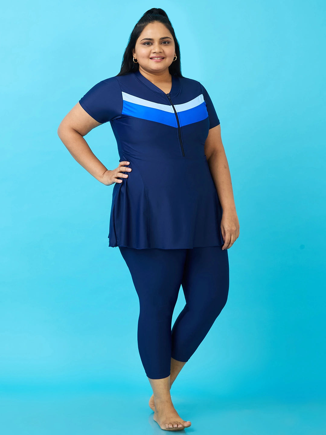 Women's Monochrome Wave Panel Swimdress with Front Zip