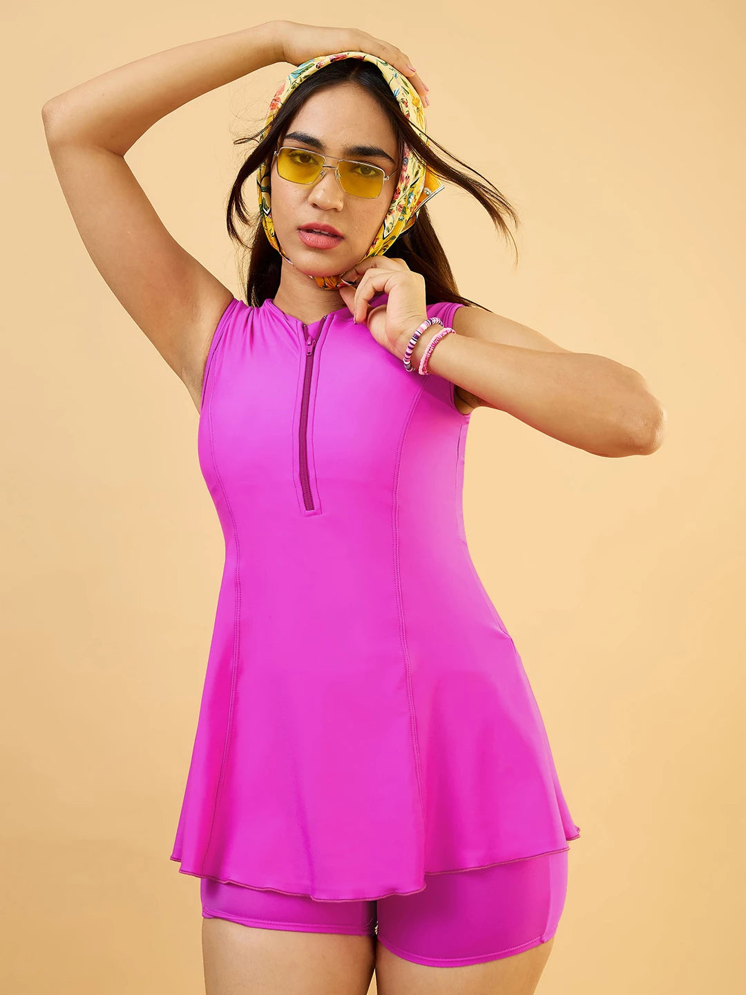 Women's Solid Water Sport Swimdress with Front Zip