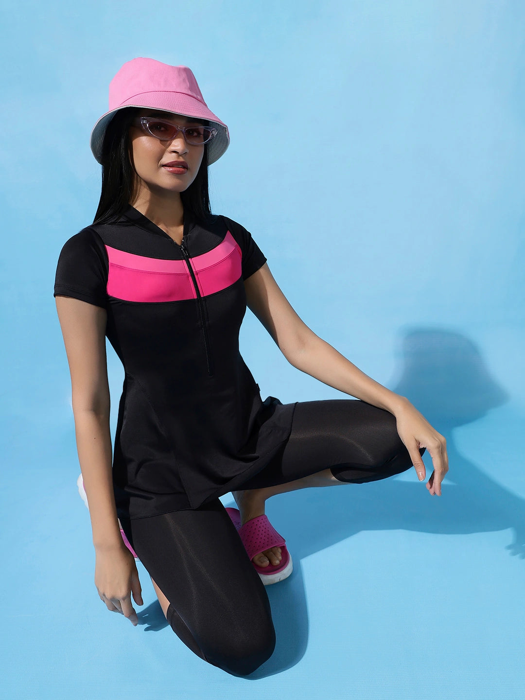 Women's Monochrome Wave Panel Swimdress with Front Zip