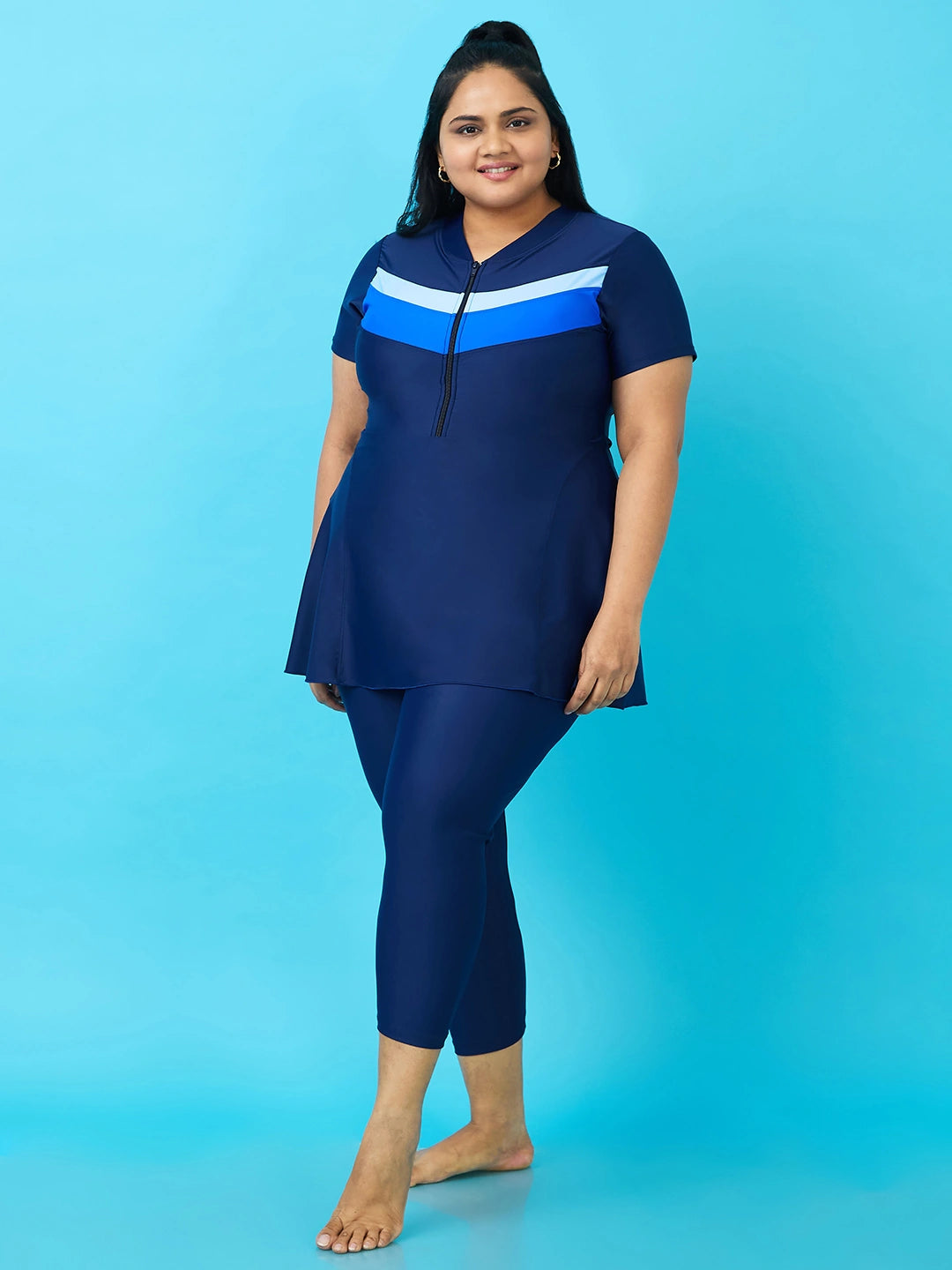 Women's Monochrome Wave Panel Swimdress with Front Zip