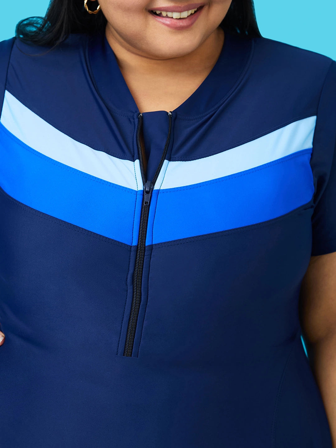 Women's Monochrome Wave Panel Swimdress with Front Zip